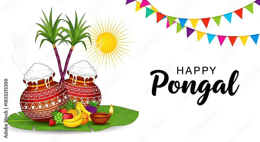 Fototapeta premium new illustration of Happy Pongal Holiday Harvest Festival of Tamil Nadu family making Pongal. abstract vector background design