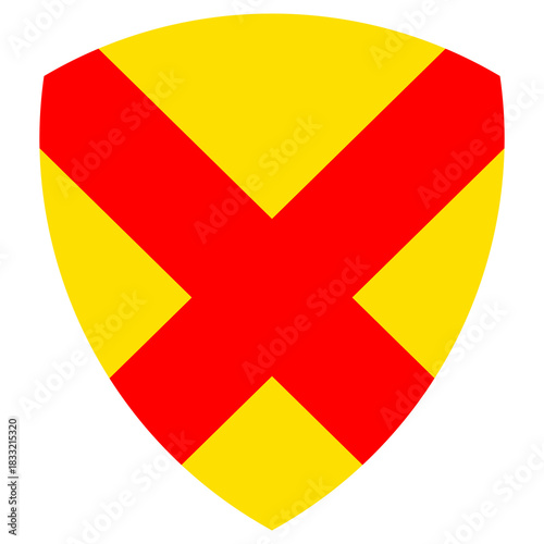 Vector graphic of a shield bearing the saltire pattern. It consists of a yellow background with a red diagonal cross