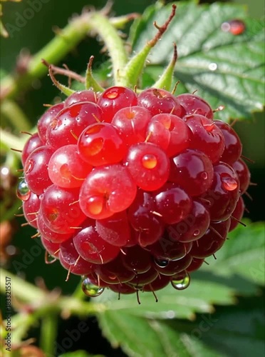 Close-up of a ripe red raspberry with water droplets on a green leafy background