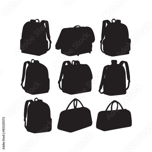 school bags silhouettes collection, backpack silhouette, student vector, school accessory, education bag, kids bag