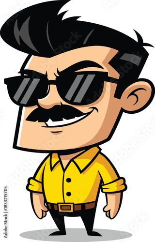 Confident cartoon man, black sunglasses, yellow shirt, stylish mustache, bold hairstyle, standing pose, character design, vector art, retro vibe, cool attitude