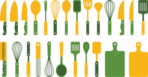 Flat Kitchenware Knives, Spoons, Whisks, Spatulas, Ladles, and Cutting Boards, Green and Yellow, Organized on White