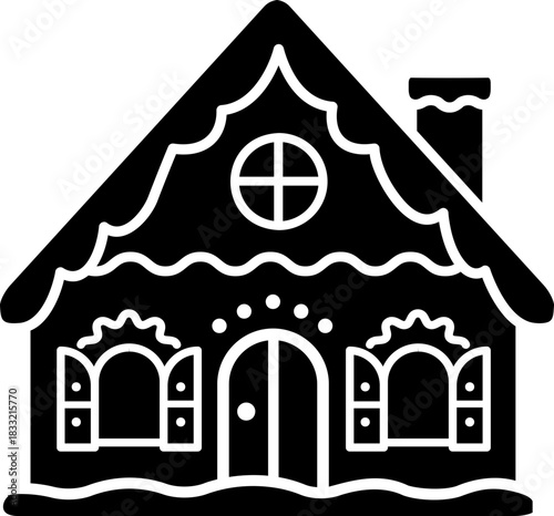 Cute Christmas Gingerbread House Silhouette Template isolated.
Black Gingerbread House Icon.
Transparent background. svg.