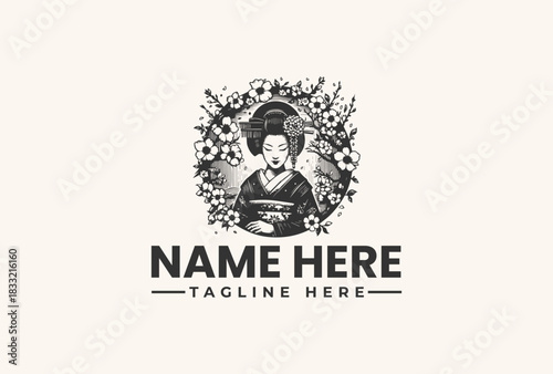 Elegantly Crafted Geisha Logo Vector Illustration with Floral Accents