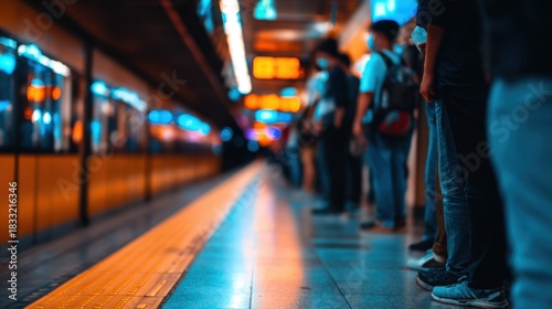 Busy subway station platform with commuters waiting for a train, illuminated by vibrant blue lights