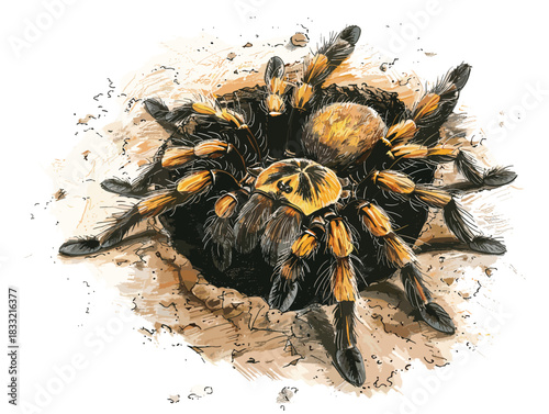 isolate white background, A tarantula emerging from its burrow after a rainstorm., drawing in color pencil art, very simple and isolate in the style of animated illustrations, white background