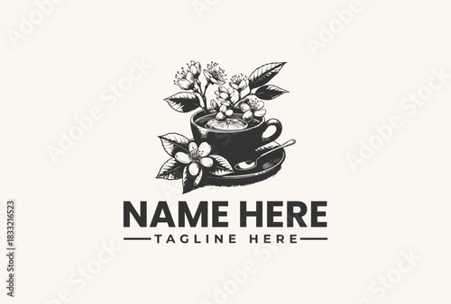 Nature Inspired Coffee Cup Logo Vector Illustration with Blooming Flowers and Leaves