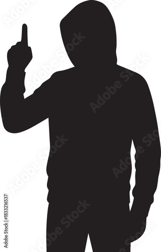 "Hooded Silhouette Pointing Up on White Background"