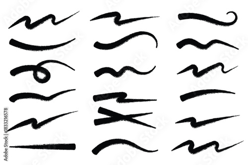 Abstract black marker and brush strokes set, hand drawn underline and scribble texture elements, grunge graffiti art lines and curves for modern graphic design on transparent background