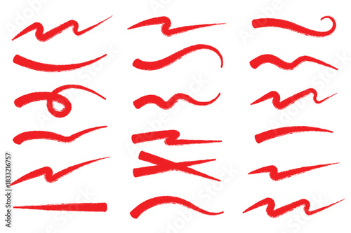 Red hand drawn shapes and lines set. Sketched geometric frames and stripes collection. Zig zag and wavy scribble pack. Marker note signs for mark, emphasis, accent, highlight. Vector doodled borders