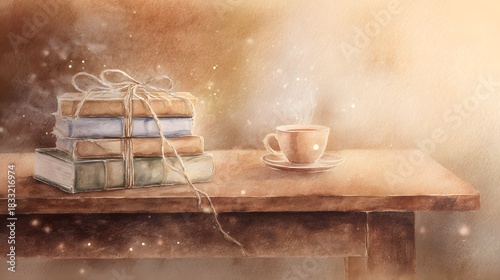 Cozy rustic scene watercolor books twine tea warm light serene peaceful comforting atmosphere illustration