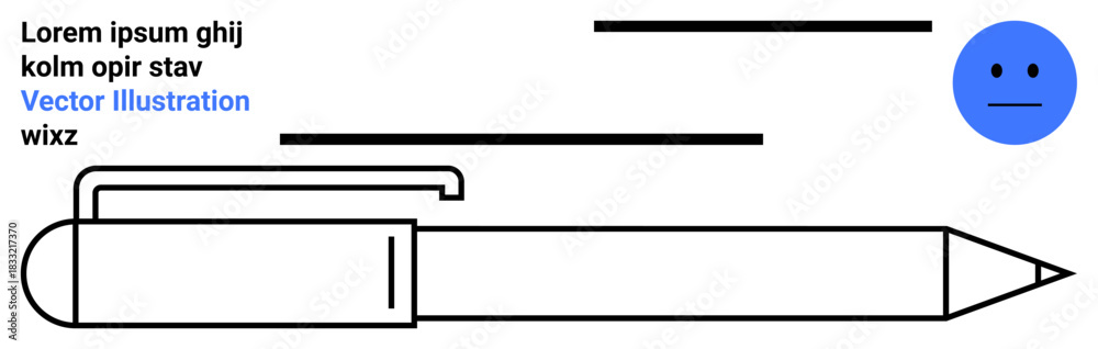 Fototapeta premium Design, communication, emotion, graphic art, creativity, illustration. Abstract image with a large pen, blue happy face and text overlay. Design and communication concepts