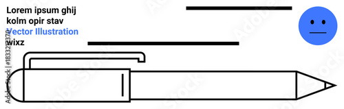 Design, communication, emotion, graphic art, creativity, illustration. Abstract image with a large pen, blue happy face and text overlay. Design and communication concepts