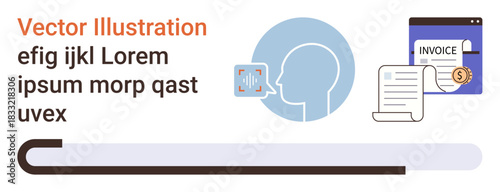 Financial management, online transactions, invoicing, data security, modern technology, profiles. A user profile, invoice image and audio recognition concept are visible. Financial management