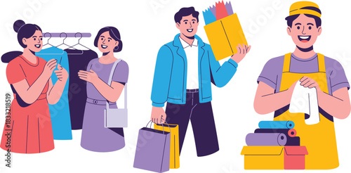 illustration of women shopping for clothes, man with purchases, and store clerk