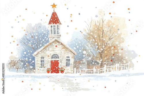 Watercolor painting of a small church in the snow with a star above, peaceful night scene illustration