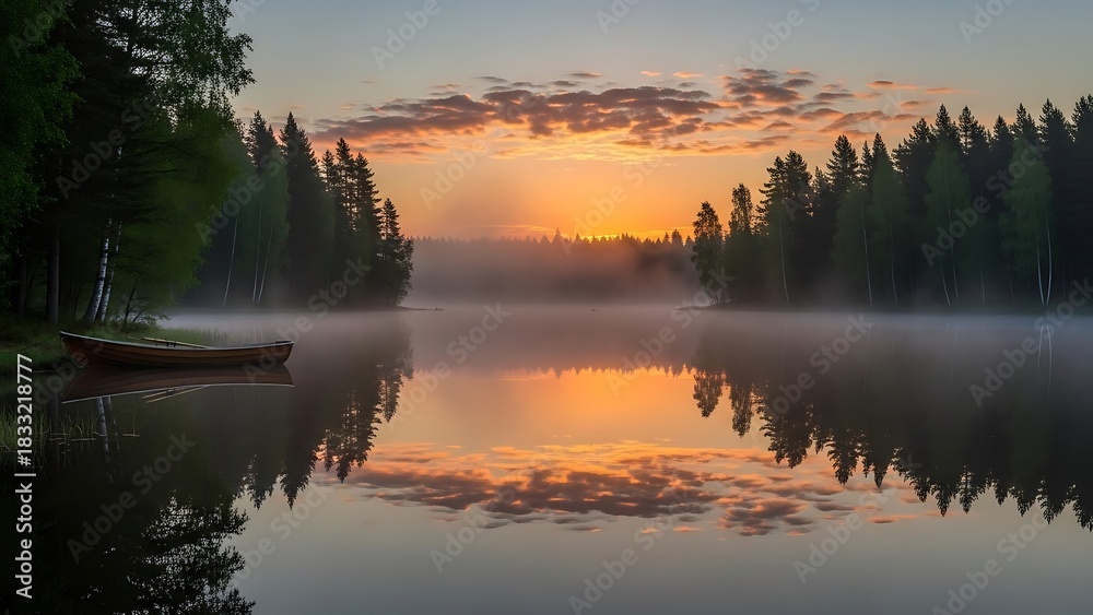 Obraz premium Serene Lake Sunrise: Misty Waters Reflecting Fiery Sky and Forest Silhouette.