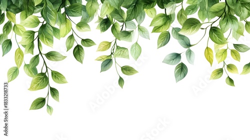 Delicate green foliage drapes across the top edge against a stark white background in a watercolor style