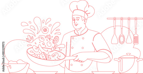 Outline Drawing Chef Tossing Vegetables in a Pan with Utensils and Cookware Nearby