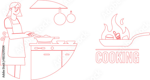 Line Art of Woman Cooking with Burning Pan and the Word Cooking in Red Outline