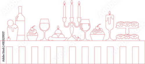 Outline Illustration Wine, Desserts, Cupcakes, Donuts, Candles, and Goblets Displayed on Table with Decorative Accents