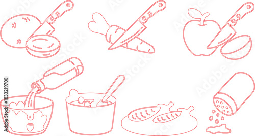 Outlined Culinary Preparation Vegetables Being Chopped, Liquid Being Poured, Seasoning Being Added, All in Red
