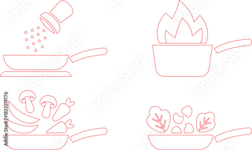 Outlined Illustrations Showing Vegetables, Seasoning, and Flames in Cooking Pans, Culinary Icons