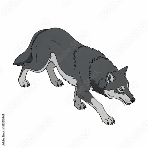 Gray wolf stalking forward with focused intensity in monochrome illustration.