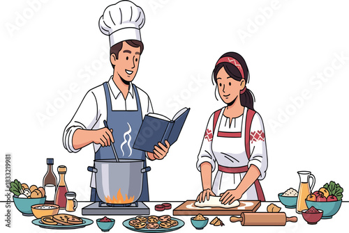Cooking, kitchen, teamwork, chef, apron, dough, pot, stove, cookbook, traditional, food, preparation, ingredients, utensils, baking, vegetables, cookies, pies, culinary, activity