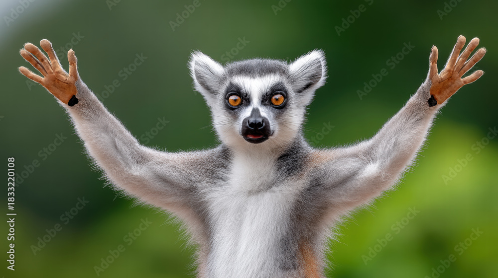 Obraz premium Lemur with emotional expression shows depth in wildlife with open arms and intense eyes in natural green background
