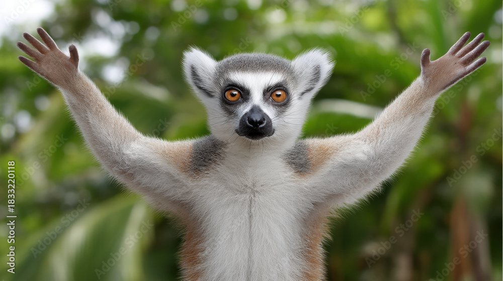 Obraz premium Emotional depth in wildlife is captured in this close up of lemur with outstretched arms against lush green background