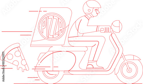 Red Line Art of Pizza Delivery on Scooter, Featuring Pizza Slice and Motion