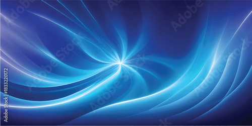 Abstract blue background illustration with glowing fractal energy waves and flowing curved lines pattern