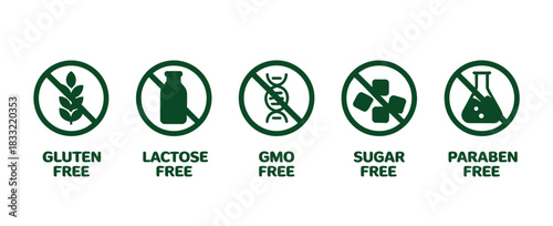 Five icons represent common dietary and ingredient restrictions: gluten-free, lactose-free, GMO-free, sugar-free, and paraben-free.