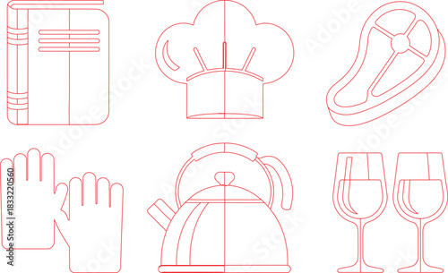Red Outline Icons Cookbook, Chef's Hat, Steak, Gloves, Kettle, Wine Glasses on White Background