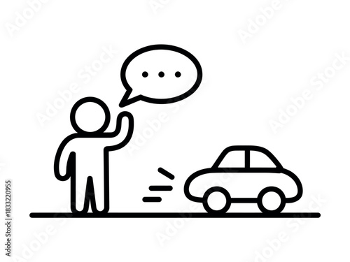 A person with a speech bubble signals to a car, indicating a need for transportation or communication.