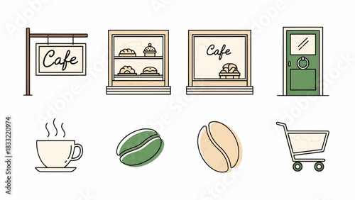 Illustration of a cafe scene with coffee, pastry, and shopping elements displayed in a modern, minimalist style.