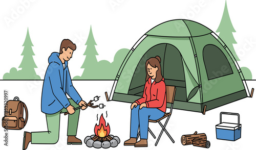 Couple camping in nature, roasting marshmallows over campfire, outdoor adventure with tent, forest background, travel lifestyle, picnic holiday illustration