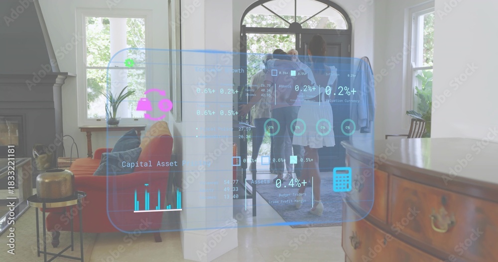 Fototapeta premium Standing senior woman and three adults viewing AR financial dashboard in foyer near orange sofa