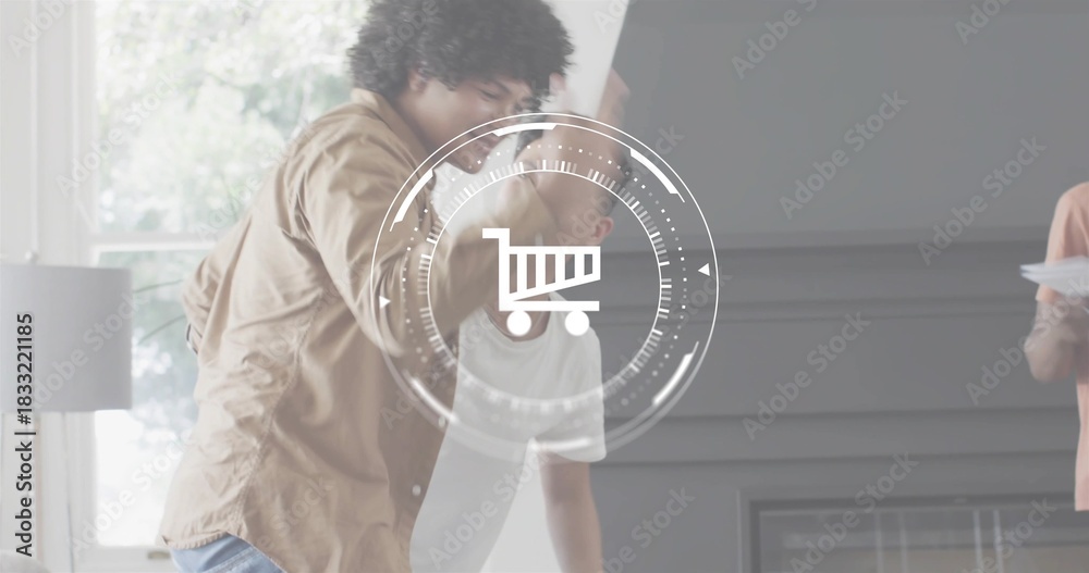 Naklejka premium Playing four men wearing tan, white, salmon tops wrestling in living room with HUD overlay, papers