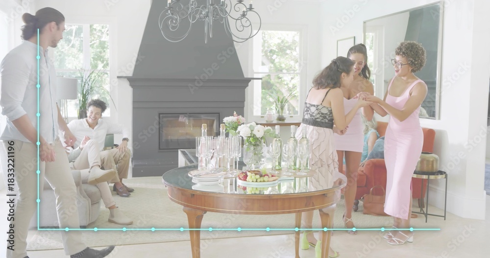 Fototapeta premium Chatting three women wearing dresses leaning at right side of living room, with coffee table