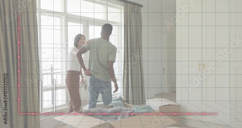 Standing casual couple touching shoulder by glass doors at home holding keys boxes pink line