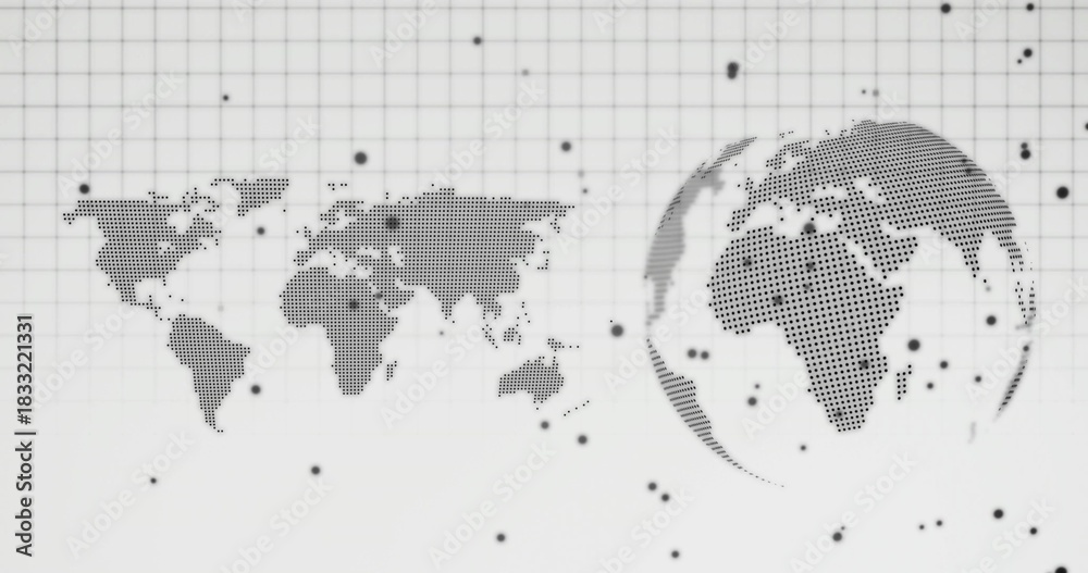 Fototapeta premium Displaying halftone Mercator map and halftone spherical globe on digital dashboard, with grid nodes
