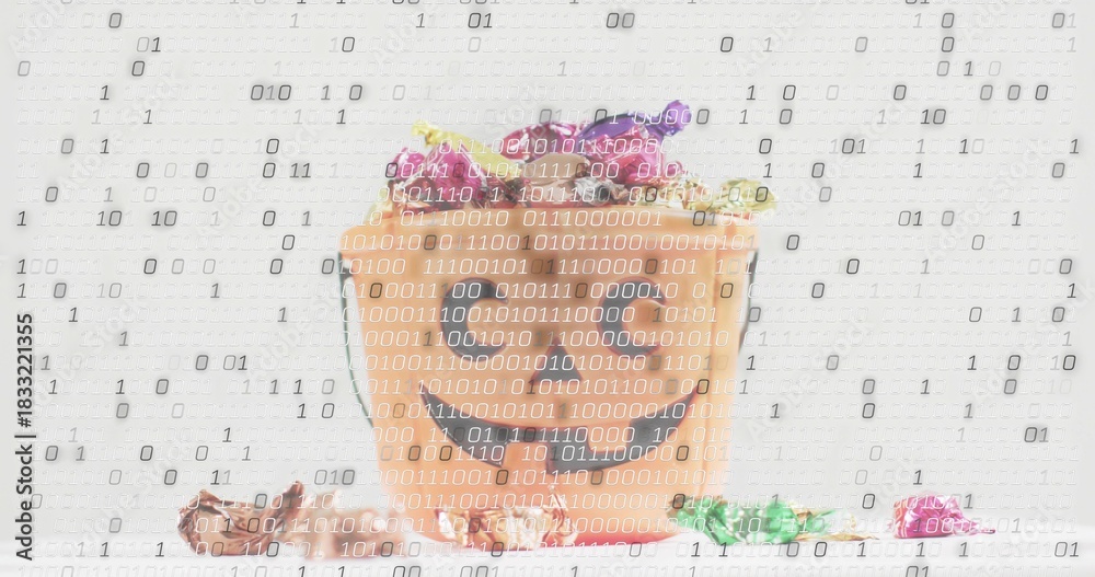 Fototapeta premium Sitting smiling pumpkin bucket spilling colorful foil candies on white backdrop, binary overlay
