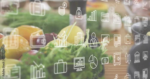 Fototapeta samoprzylepna Displaying yellow red bell peppers, lettuce and lemon blending with finance icons on wood counter