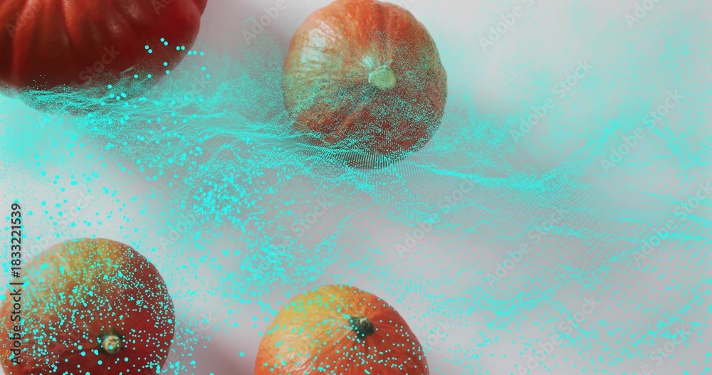 Fototapeta premium Showing four whole oranges sitting on studio tabletop, displaying cyan teal particle cloud and mesh