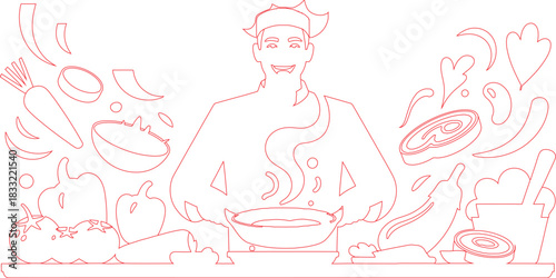Red Outline Illustration Chef Cooking with Vegetables and Meat, Stylized Design