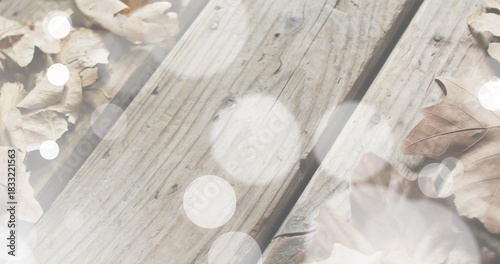 Showing weathered wooden planks running diagonally on porch surface, with dried leaves and bokeh