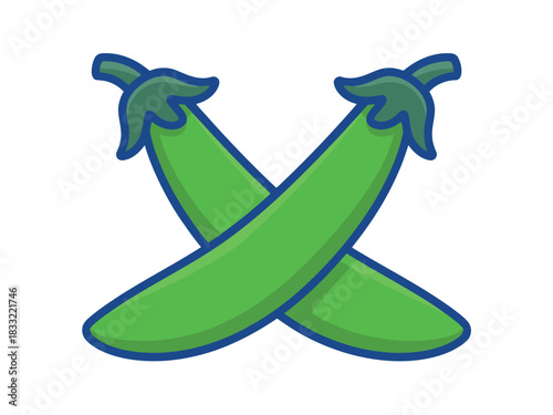 Two green pea pods are crossed against a white background, symbolizing healthy eating and fresh produce.
