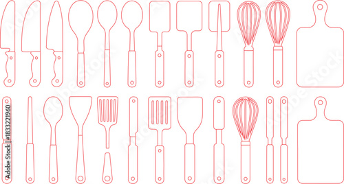 Red Outline Kitchen Tools Knives, Spoons, Spatulas, Whisks, and Cutting Board Pattern